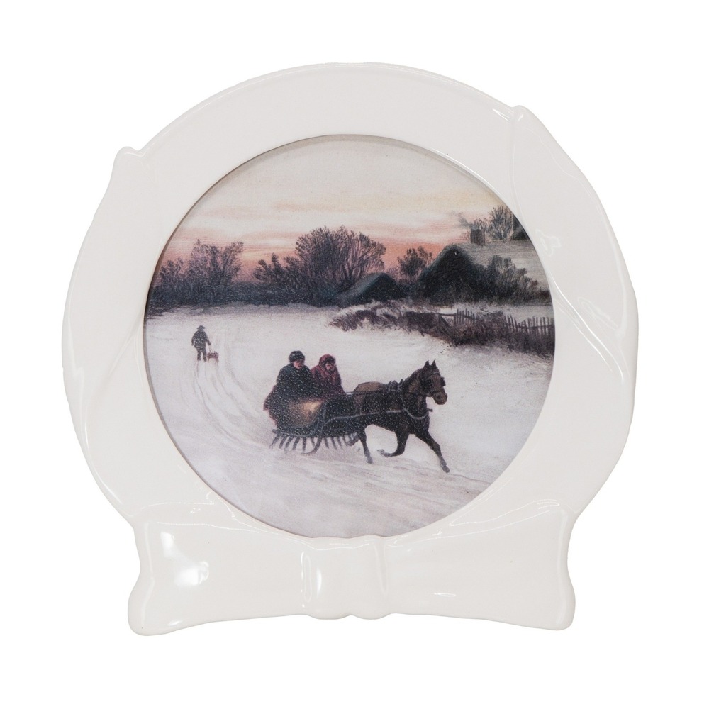 My Texas House Oval Bow Frame Winter Scene Christmas Art, White, 10"